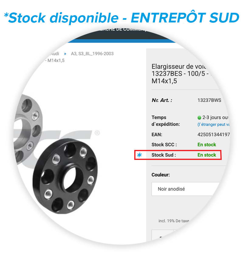 Capture d'écran agrandie de la boutique en ligne SCC avec texte bleu « Stock ENTREPÔT SUD » et détails d'un produit élargisseur de voie 10 mm avec stock SCC 100 en stock, Entrepôt Sud 47 en stock.