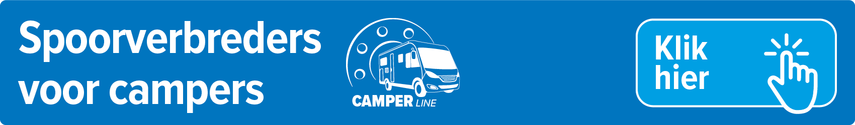 Blauwe banner met campersymbool en witte tekst: CamperLine wielafstandhouders, tip gebruik het zoekveld K (EG-nummer) in het kentekenbewijs om te zoeken.
