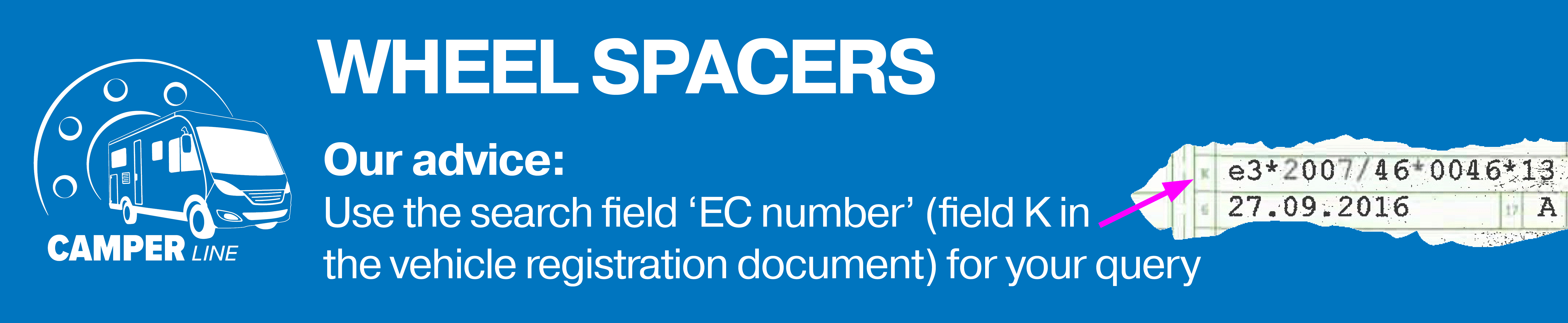Blue banner with camper symbol and white text: CamperLine wheel spacers, tip use the search field K (EC number) in the vehicle registration document for the search.