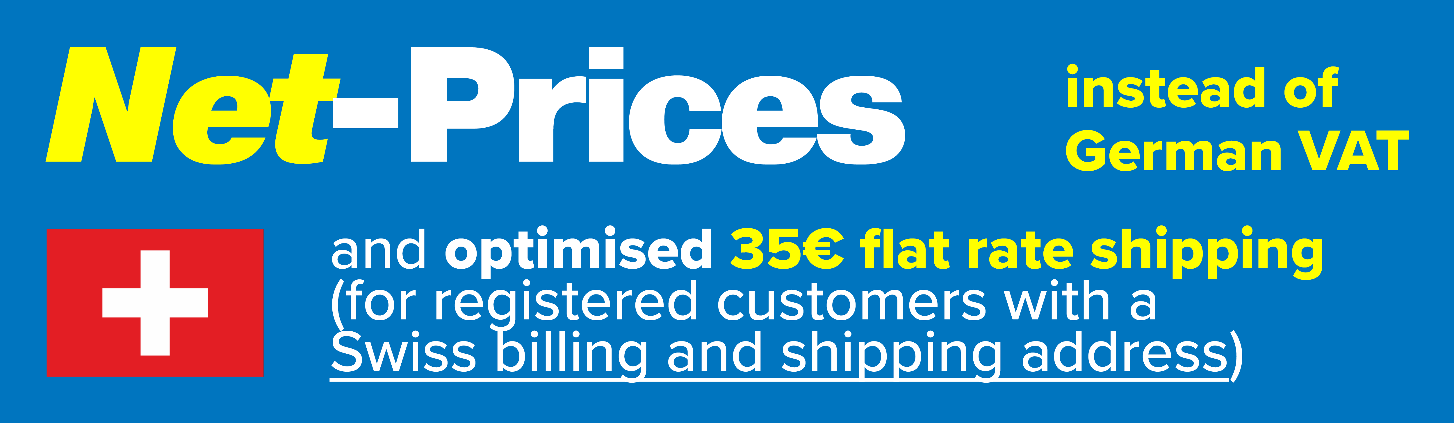 Blaues Banner mit gelb-weißem Schriftzug Netto preise statt deutscher Mwst.