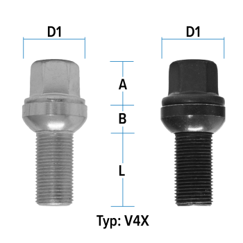 Radschraube M14X1,25 Kugel R13 zweiteilig Typ V4X (V4V/V4W) - L: 26 - 52 mm
