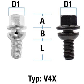 Radschraube M14X1,25 Kugel 13 zweiteilig Typ V4X (V4V/V4W) - L: 28 - 55 mm