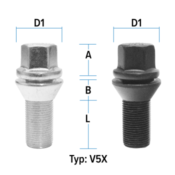 Wheel bolt M15X1,25 conical 60° two-pieced type V5X (V5V/V5W) - L: 28 - 58 mm