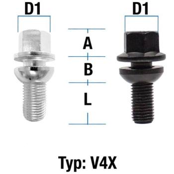 Radschraube M12X1,25 Kugel R12 zweiteilig Typ V4X (V4V/V4W) - L: 26 - 52 mm