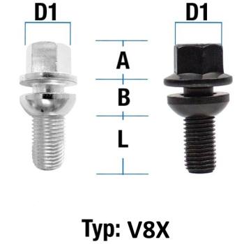 Radschraube M14X1,5 Kugel R14 zweiteilig Typ V8X (V8V/V8W) - L: 32 - 54 mm