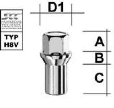 Radmutter  M12X1,75 Kegel 60° + Schaft Typ H8V - H: 48,5 mm