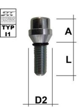 Wheel bolt DIN912 - galvanized - 10.9 M14X1,5 conical 60° two-pieced type I1 - L: 23 - 98 mm 