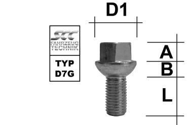 Wheel bolt M12X1,5 sphere R12 type D7G - L: 37 - 62 mm