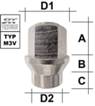 Wheel nut 1/2 UNF conical 60° + shaft type M3V - H: 34 mm 