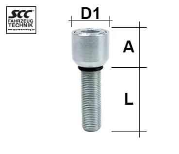 Wheel bolt DIN912 - galvanized - 10.9 M14X1,25 sphere R14 two-pieced type Ibolt I4 - L: 31 - 56 mm