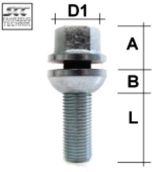 Wheel bolt M14X1,5 sphere R14 two-pieced type N2V - L: 27,5 mm