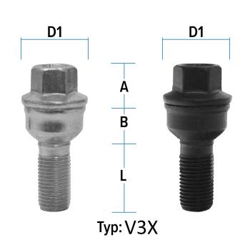 Radschraube M14X1,5 Kugel R14 zweiteilig Typ V3X (V3V/V3W) - L: 25 - 60 mm