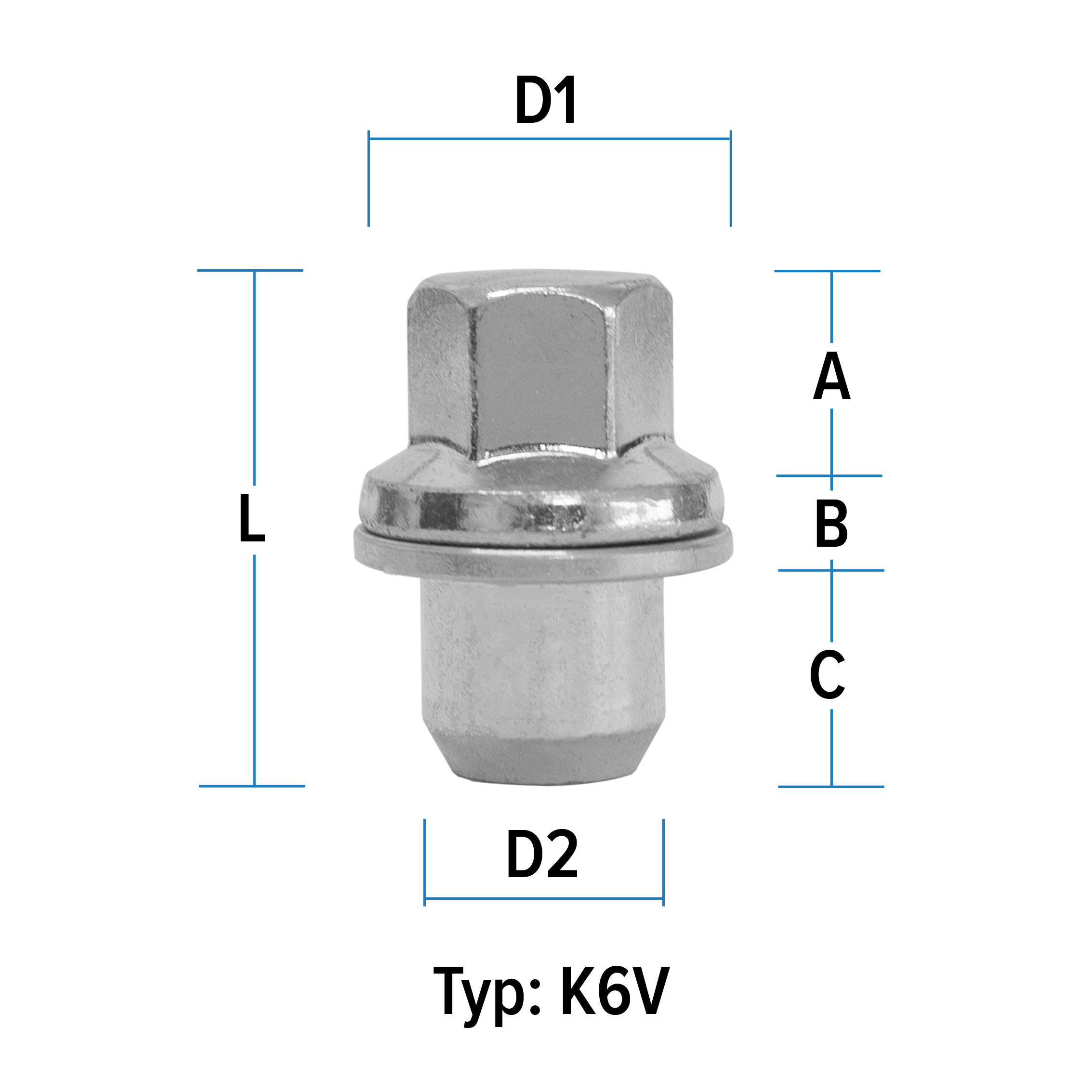 Radmutter M14X1,5 Flachbund  Typ K6V - H: 46 mm