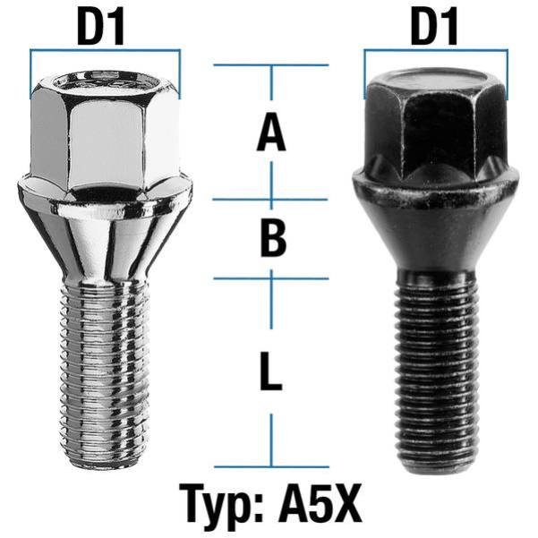 wheel spacers - Wheel bolt M12X1,5 conical 60° type A5X (A5V/A5W) - L: 24 -  60 mm