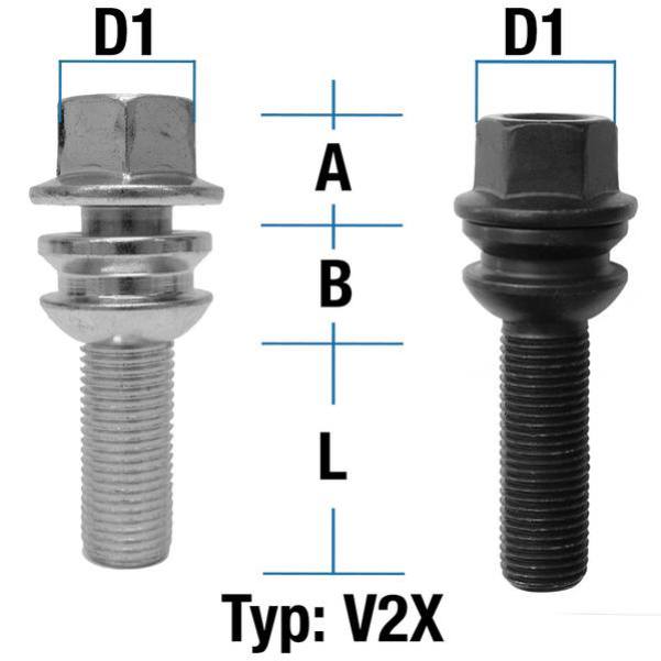 Radschraube M14X1,5 Kugel R14 zweiteilig Typ V2X (V2V/V2W) - L: 28 - 58 mm