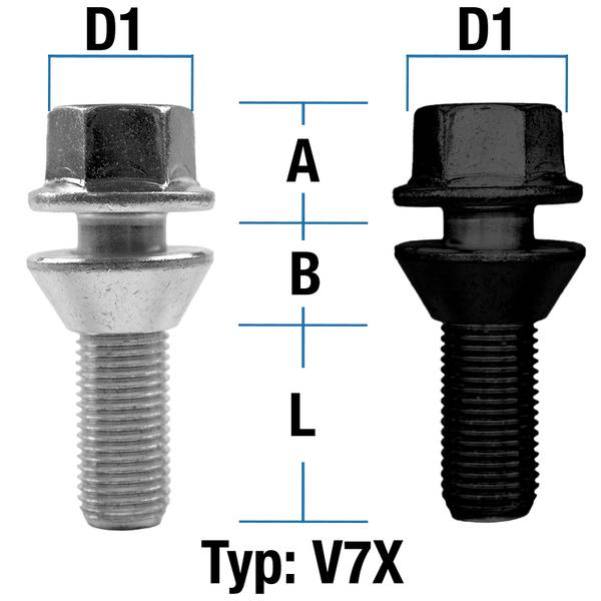 Wheel bolt M 12 x 1,25 conical collar 60° two-pieced type V7X (V7V/V7W) - L: 28 - 52 mm